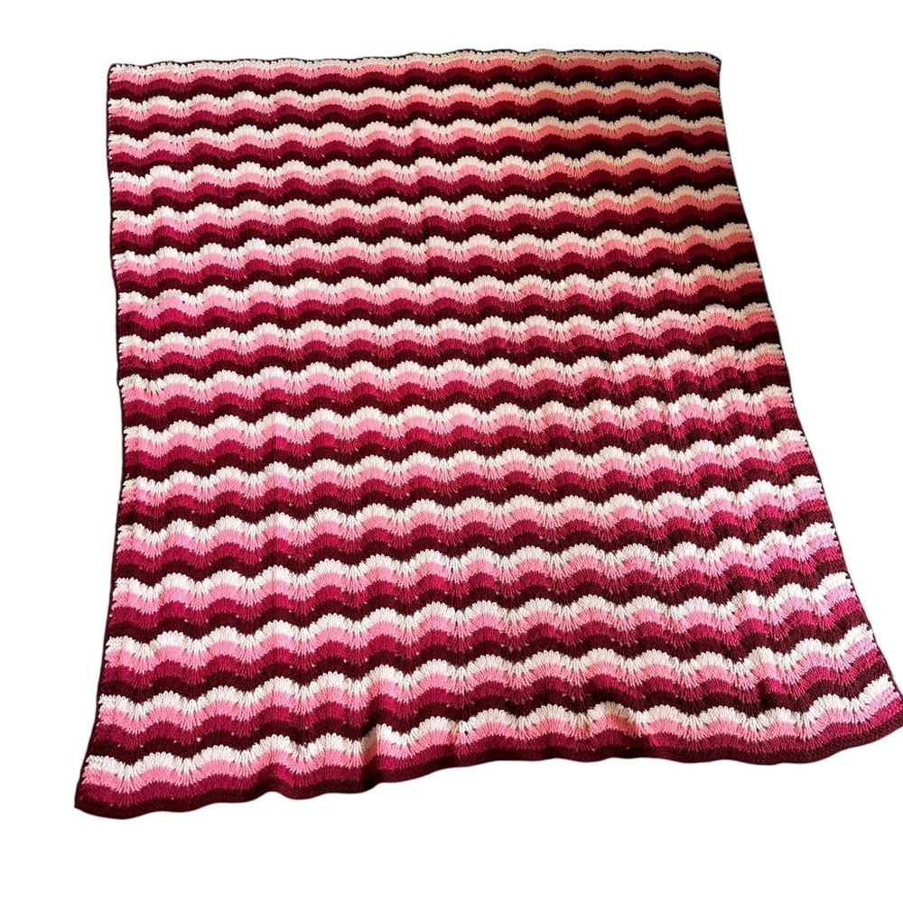 Handmade Crochet Ripple Afghan Throw Blanket Pink Burgundy Wave Chevron 50 x 57
